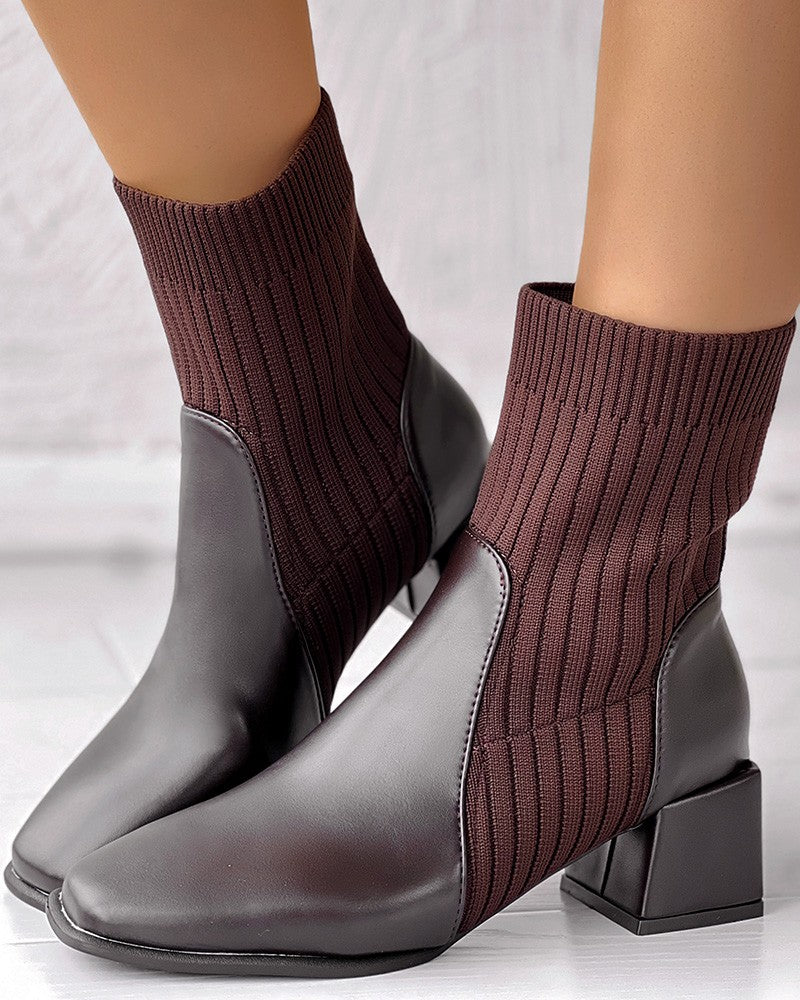 Chunky Heel Elastic Knit Patchwork Ankle Boots