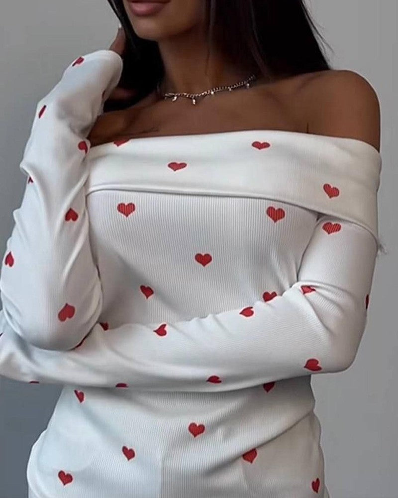 Heart Print Off Shoulder Top