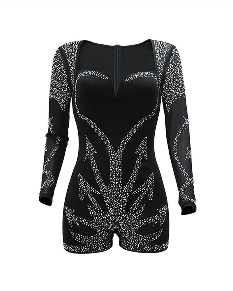 Rhinestone Graphic Pattern Sweetheart Neck Romper