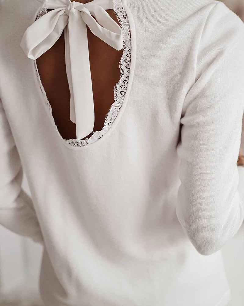 Contrast Lace Knot Back Long Sleeve Top