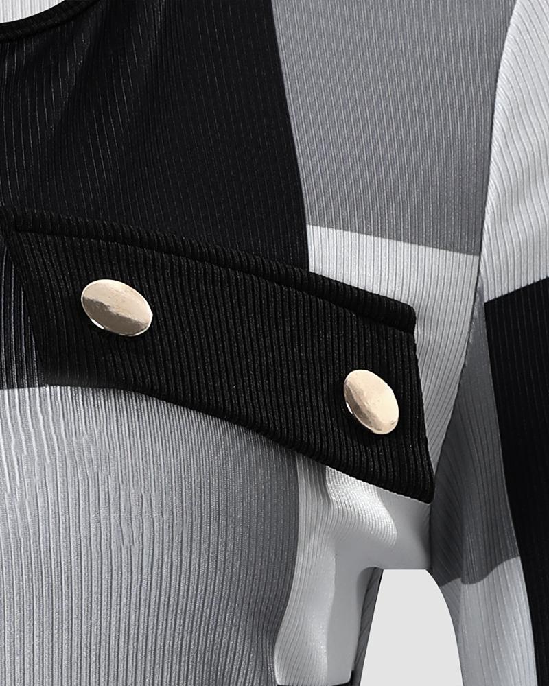 Geometric Print Zipper Design Long Sleeve Ribbed Top
