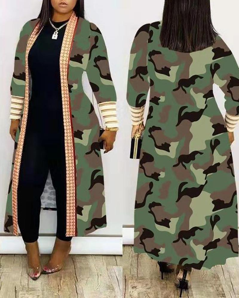 Camouflage Print Open Front Longline Coat