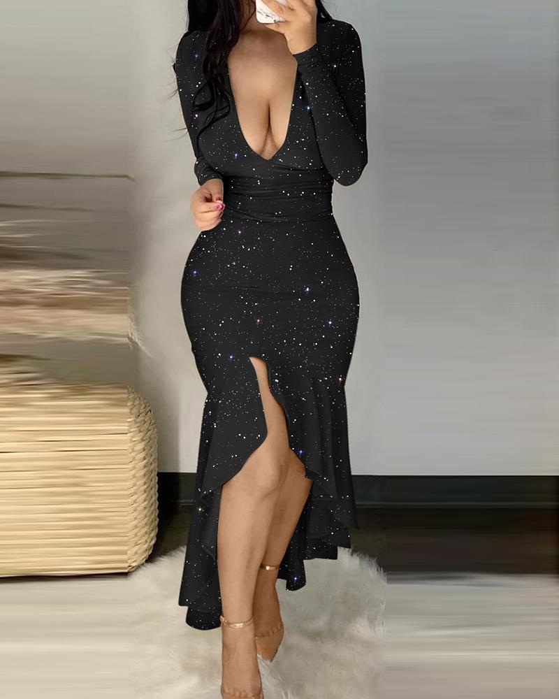 Glitter Long Sleeve Deep V Neck Mermaid Dress