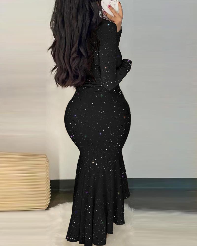 Glitter Long Sleeve Deep V Neck Mermaid Dress