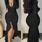 Glitter Long Sleeve Deep V Neck Mermaid Dress