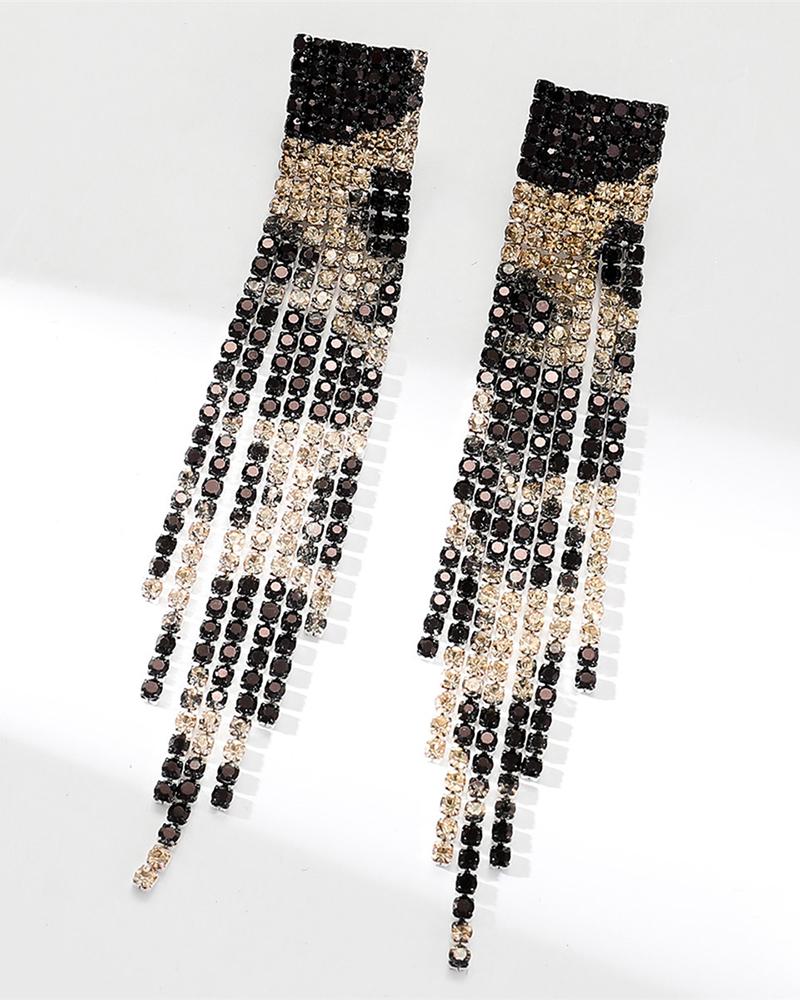 1Pair Rhinestone Colorblock Tassel Dangle Earrings