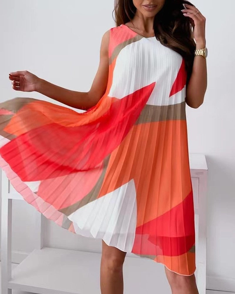 Geo Print Chiffon Pleated Flowy Swing Dress