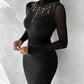 Rhinestone Contrast Mesh Long Sleeve Glitter Bodycon Dress
