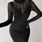 Rhinestone Contrast Mesh Long Sleeve Glitter Bodycon Dress