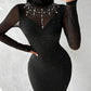 Rhinestone Contrast Mesh Long Sleeve Glitter Bodycon Dress