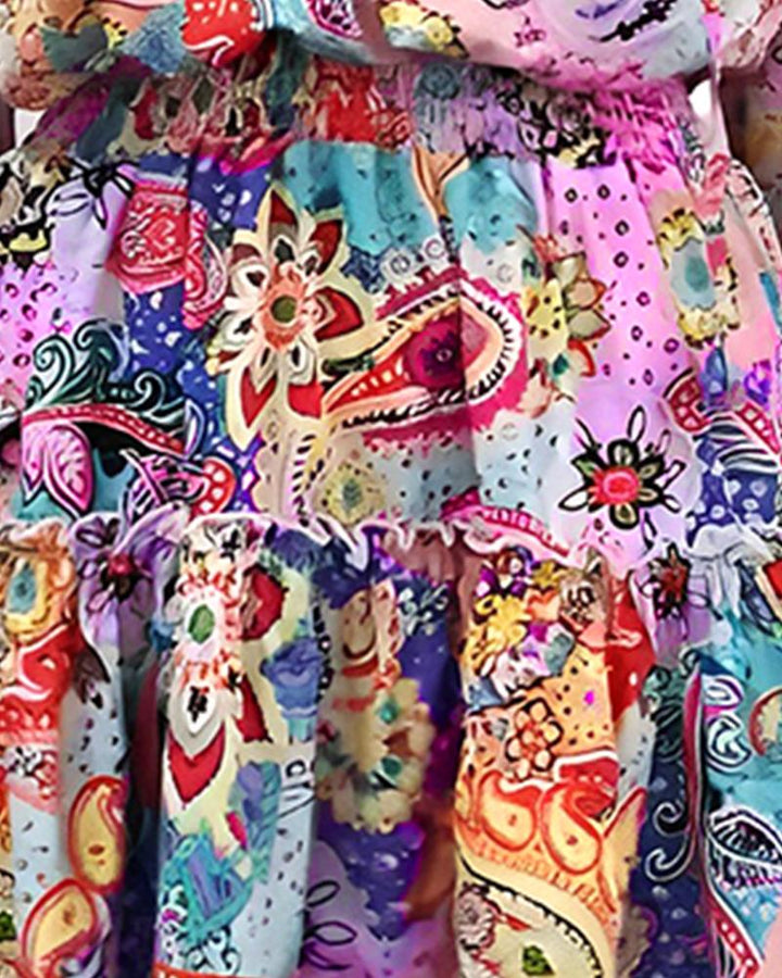 Paisley Print Ruffle Hem Shirred Waist Casual Dress