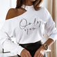 Letter Heart Pattern Cold Shoulder Long Sleeve Top