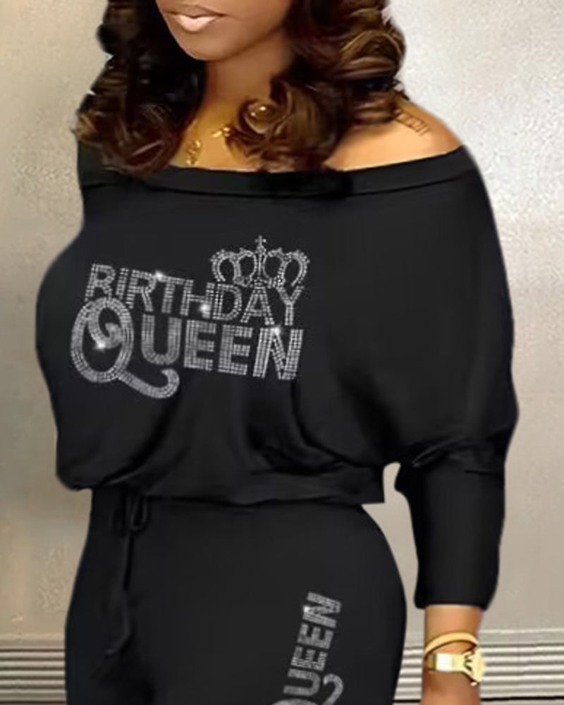 Plus Size Rhinestone Birthday Queen Crown Pattern Top & Flared Pants Set