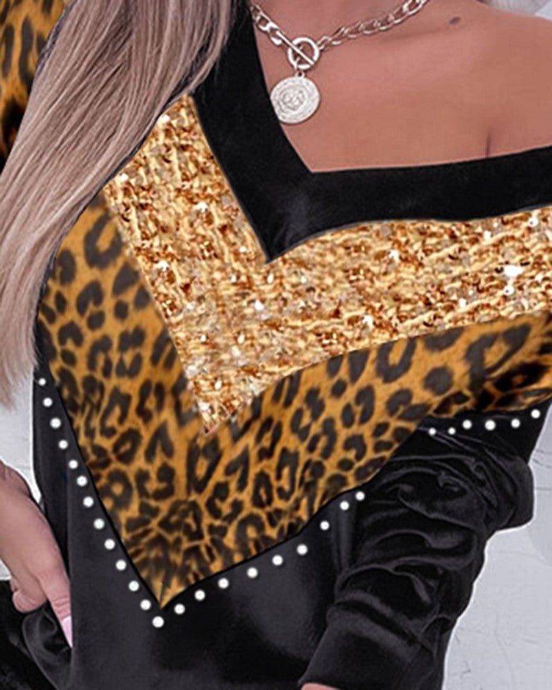 Leopard Print Contrast Sequin Sweatshirt & Cuffed Sweatpants Set
