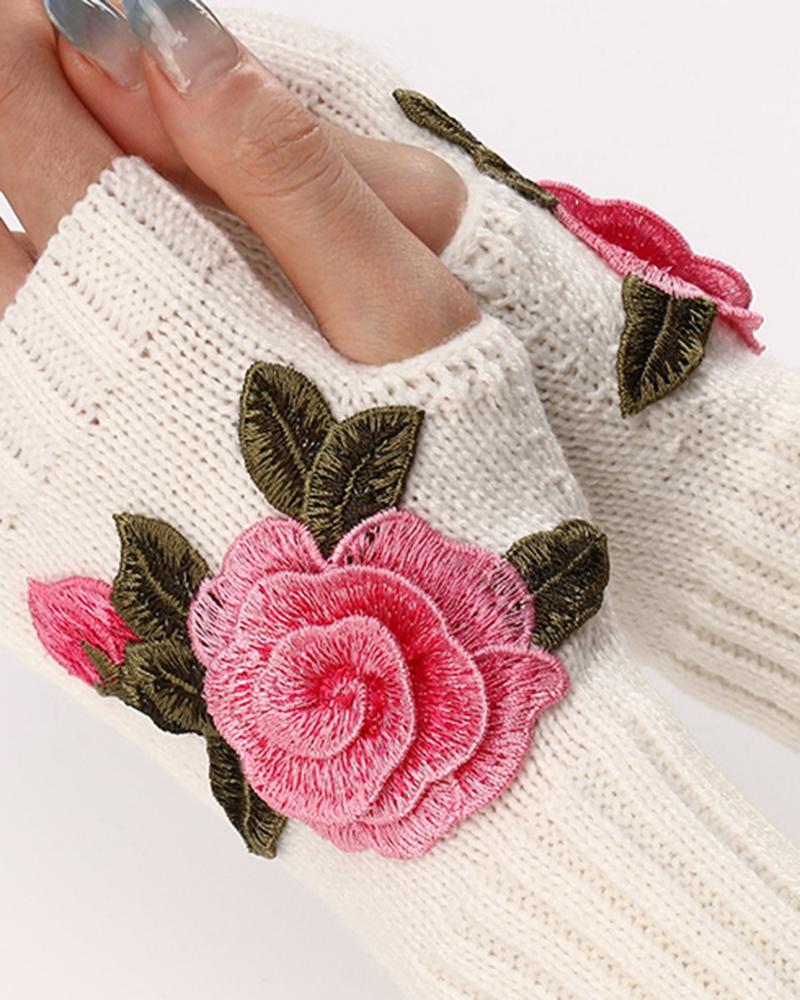 1Pair Floral Embroidery Fingerless Winter Knit Warm Gloves
