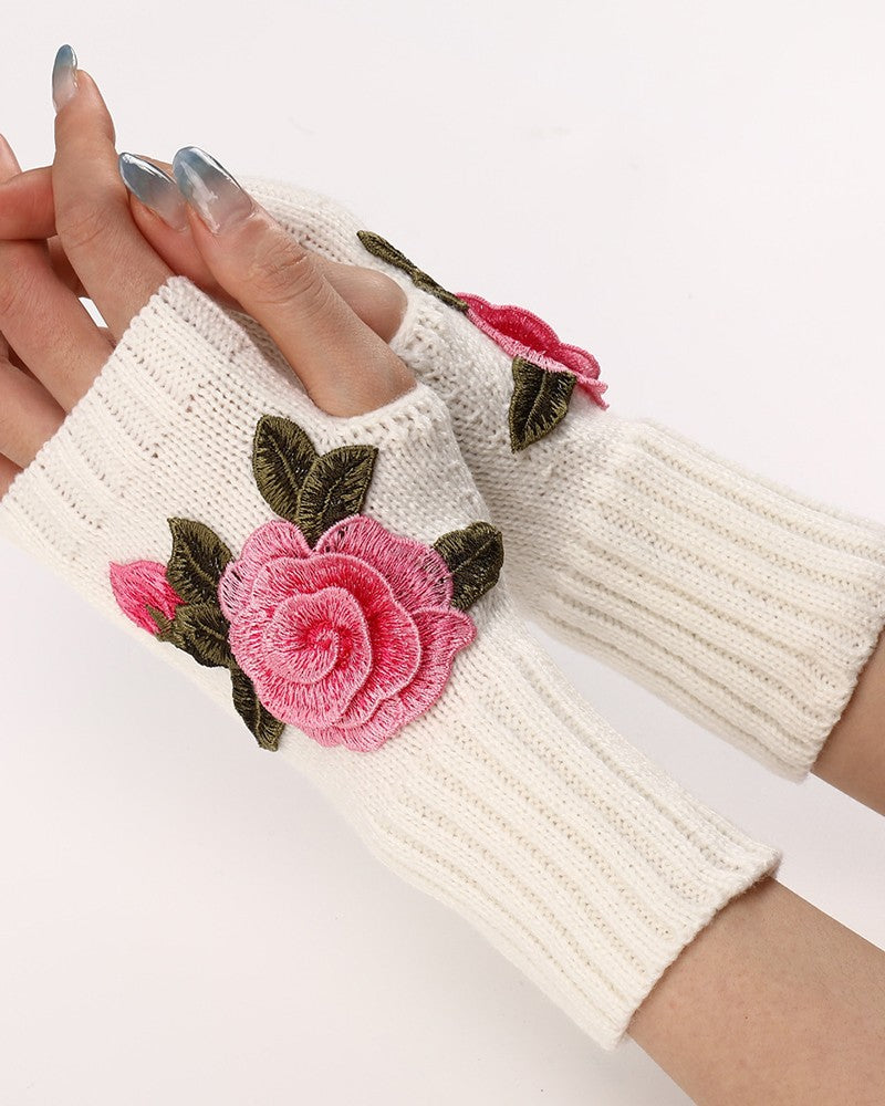 1Pair Floral Embroidery Fingerless Winter Knit Warm Gloves