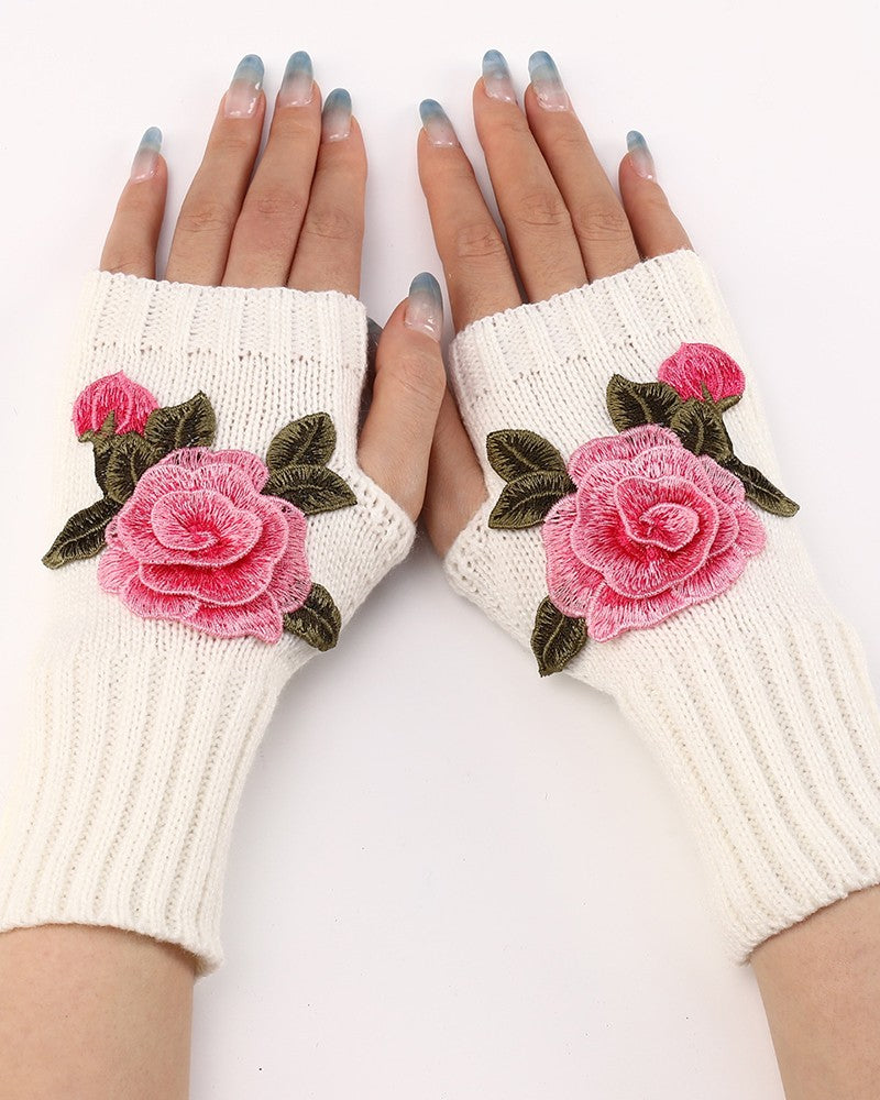 1Pair Floral Embroidery Fingerless Winter Knit Warm Gloves