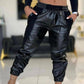 Plus Size Contrast PU Leather Drawstring Cuffed Pants