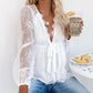 Sheer Mesh Lace Trim Lantern Sleeve Top