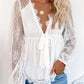 Sheer Mesh Lace Trim Lantern Sleeve Top