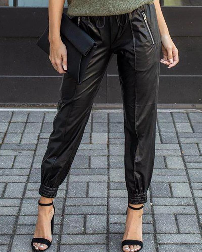 Elastic Waist Zipper Detail PU Pants