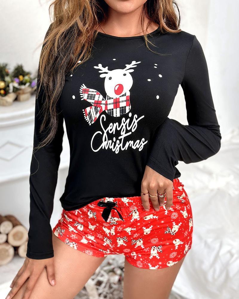 Christmas Reindeer Print Bowknot Decor Pajama Set