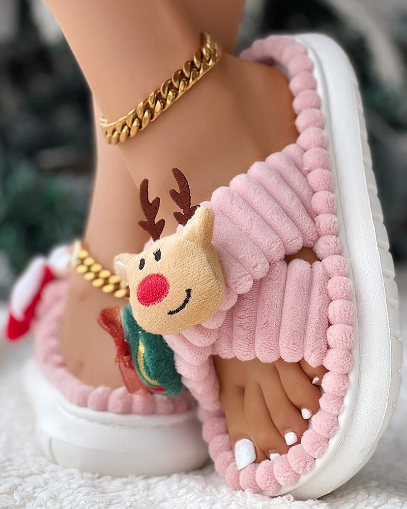 Christmas Cartoon Elk Santa Pattern Cross Strap Winter Slippers