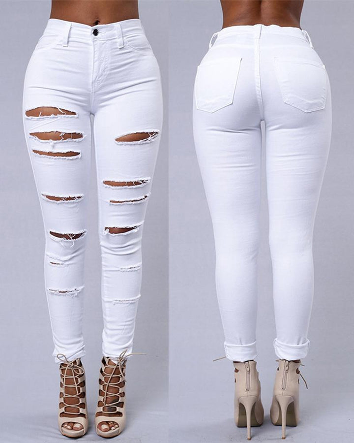 Zipper Fly Ladder Cutout Ripped Skinny Jeans