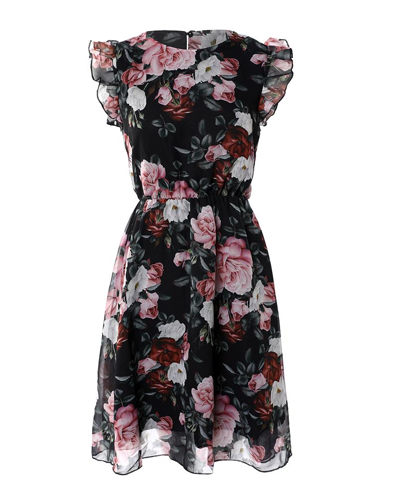 Floral Print Flutter Sleeve Chiffon Dress