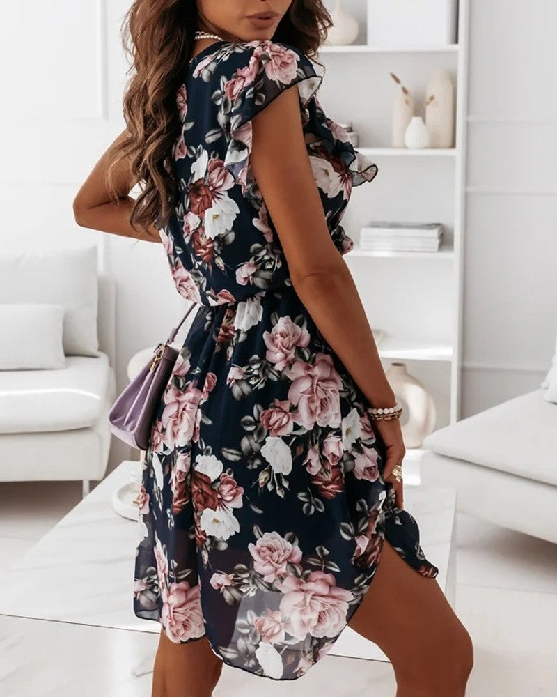 Floral Print Flutter Sleeve Chiffon Dress