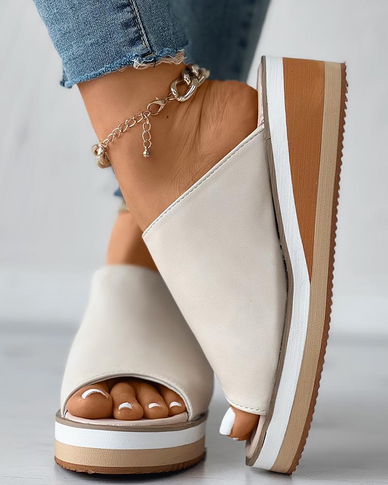 Contrast Paneled Peep Toe Wedge Slippers