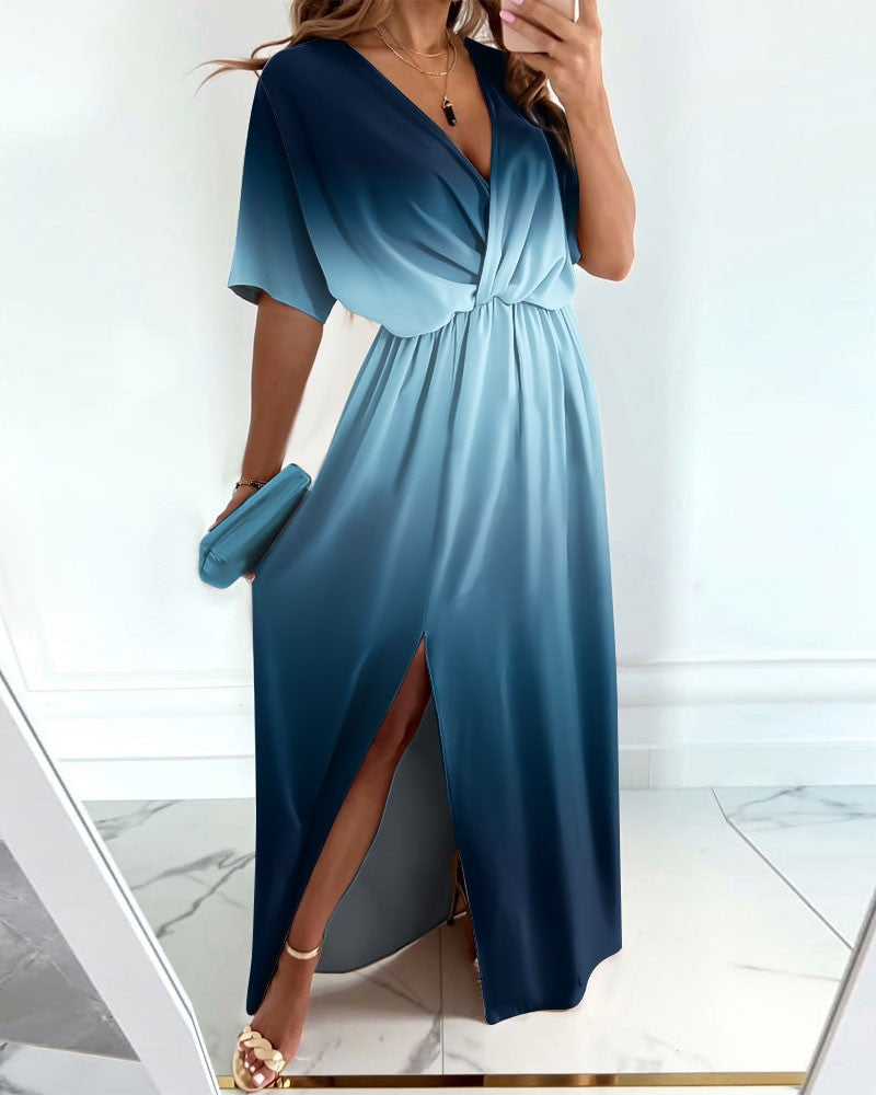Ombre V Neck Split Thigh Maxi Dress