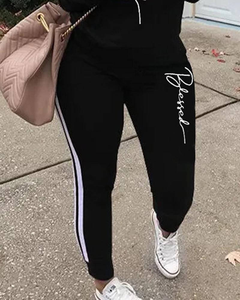 Plus Size Letter Print Hoodie & Sweatpants Set
