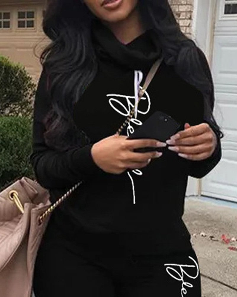 Plus Size Letter Print Hoodie & Sweatpants Set