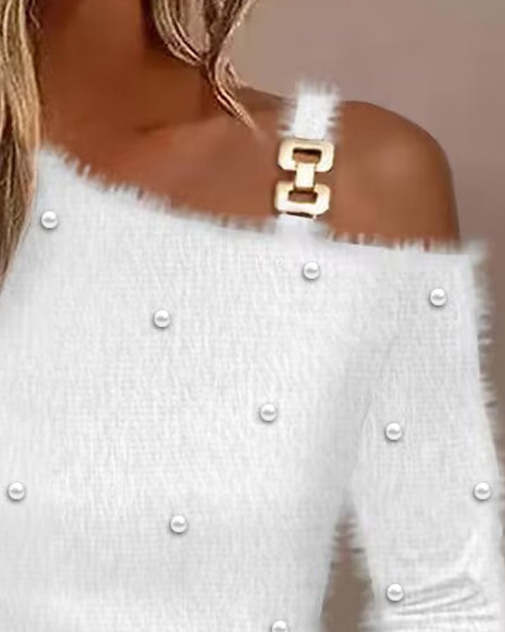 Cold Shoulder Long Sleeve Beaded Fluffy Top