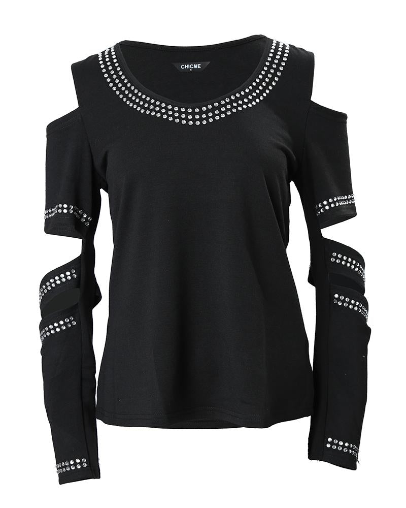 Rhinestone Decor Cold Shoulder Top