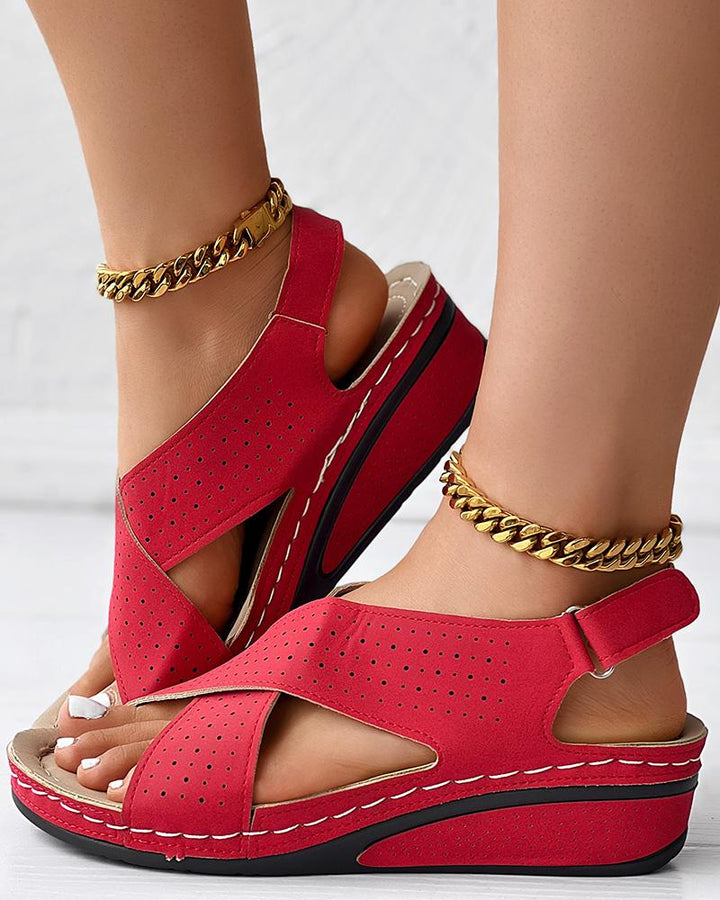 Hollow Out Slingback Velcro Wedge Sandals