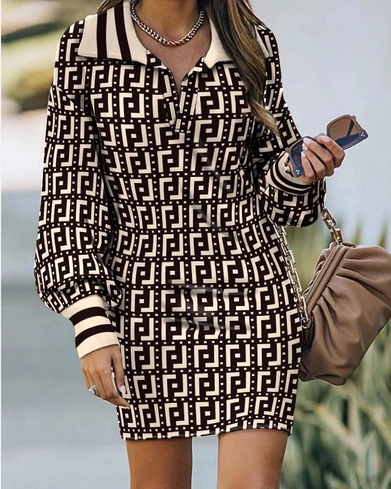 Striped Geometric Print Lantern Sleeve Casual Dress