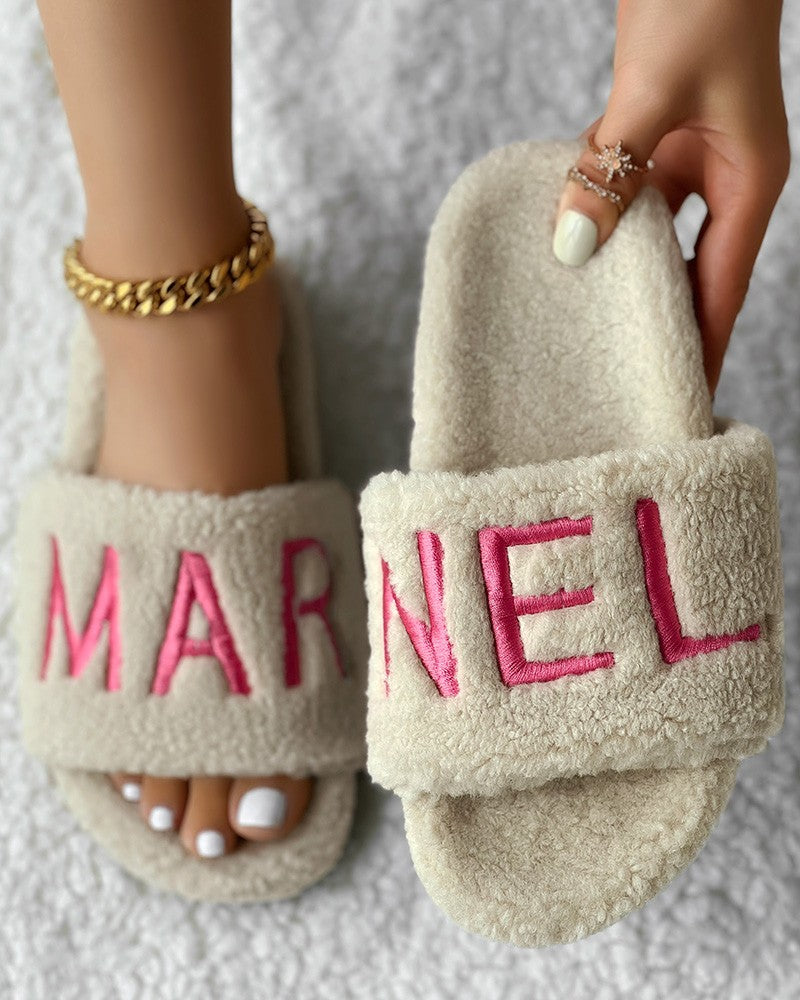 Letter Embroidery Fuzzy Winter Slippers