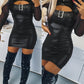 PU Leather Sheer Mesh Cutout Buckled Bodycon Dress