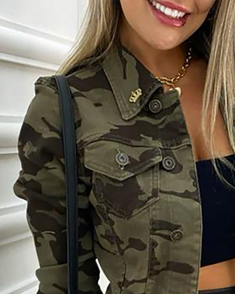 Camouflage Print Buttoned Pocket Design Jacket