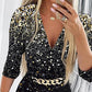 Print Contrast Lace Chain Decor Long Sleeve Work Dress