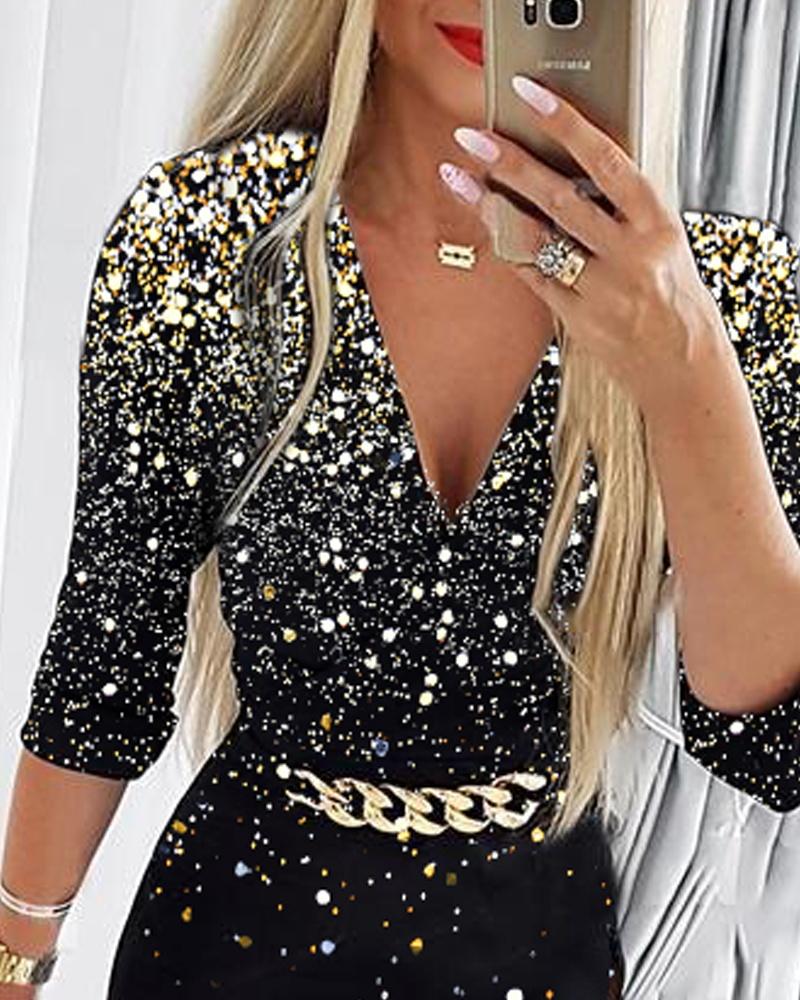 Print Contrast Lace Chain Decor Long Sleeve Work Dress