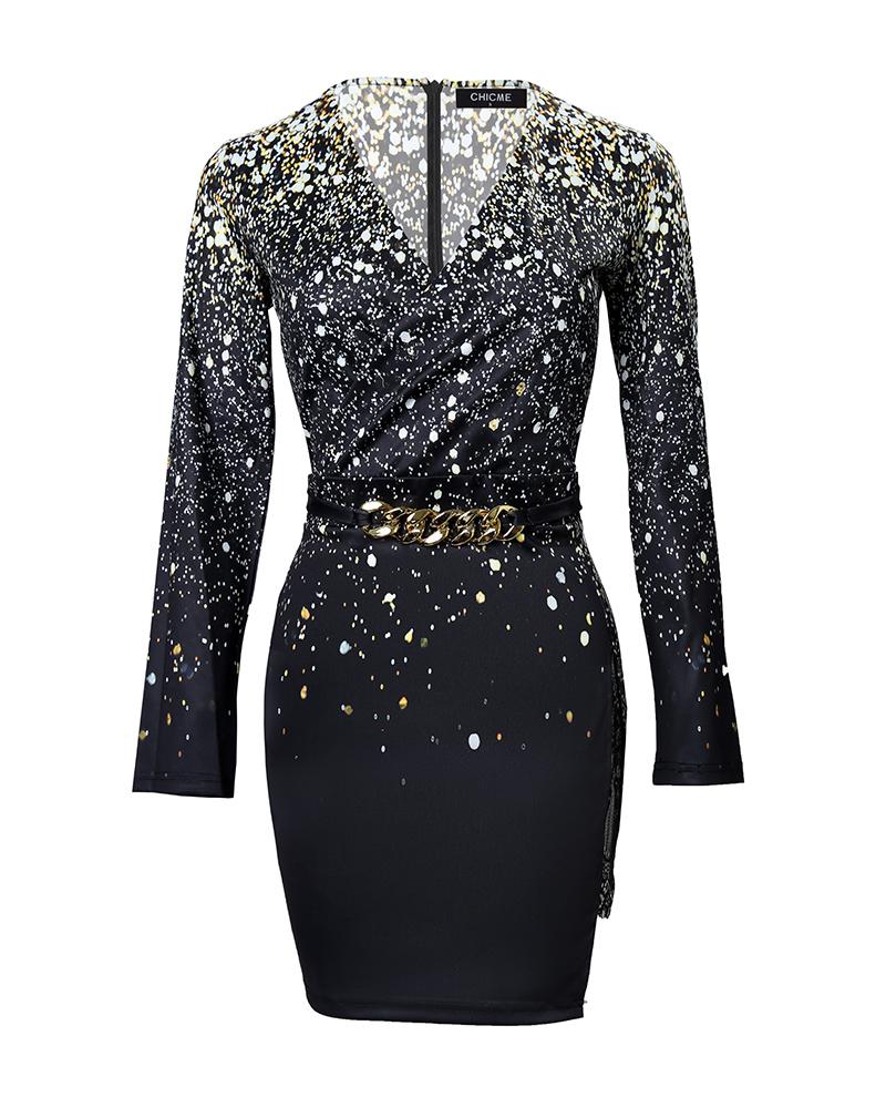 Print Contrast Lace Chain Decor Long Sleeve Work Dress