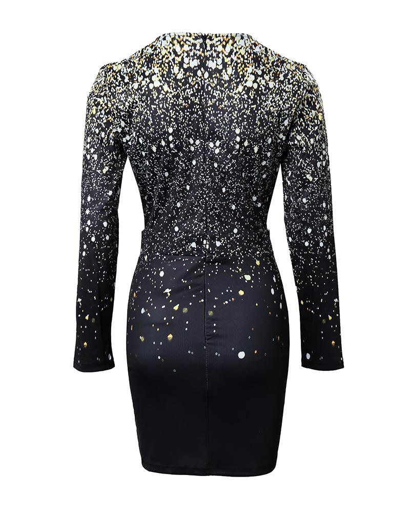 Print Contrast Lace Chain Decor Long Sleeve Work Dress