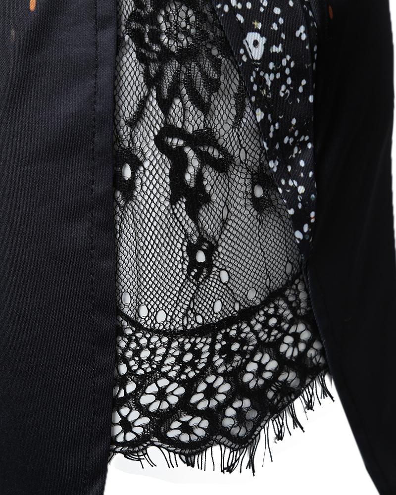 Print Contrast Lace Chain Decor Long Sleeve Work Dress