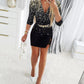 Print Contrast Lace Chain Decor Long Sleeve Work Dress