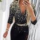 Print Contrast Lace Chain Decor Long Sleeve Work Dress