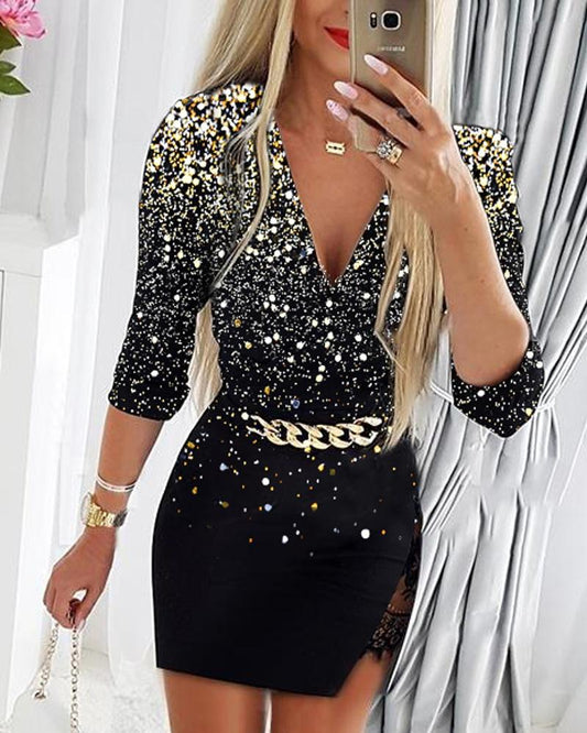 Print Contrast Lace Chain Decor Long Sleeve Work Dress