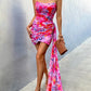 Allover Floral Print Bandeau Side Asymmetrical Hem Party Dress
